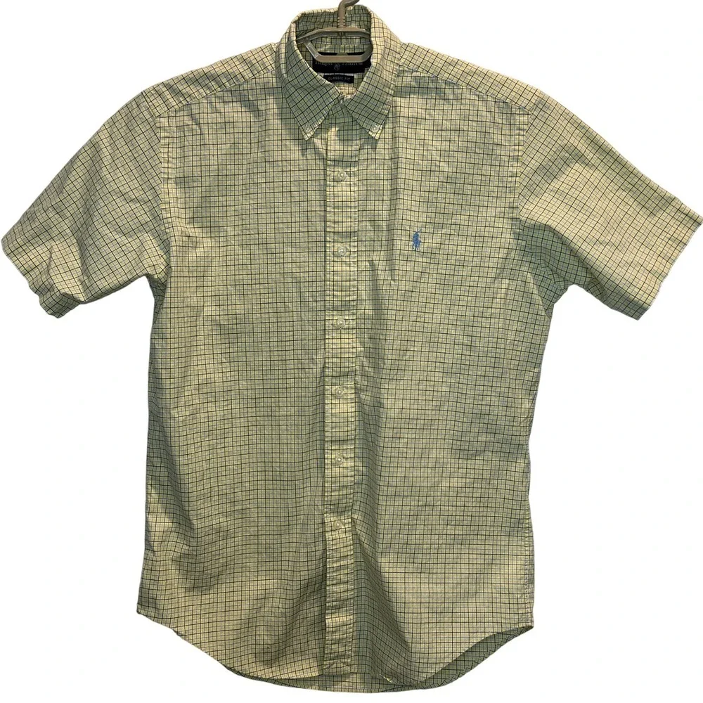 Ralph Lauren Button Down Shirt S Mens Yellow Blue Check Classic Fit Short Sleeve